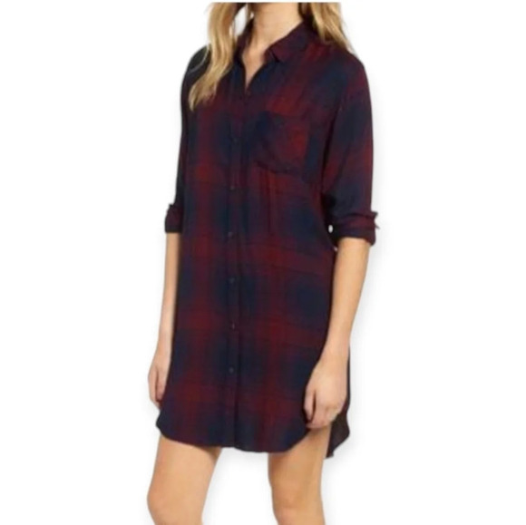 Rails Bianca Plaid Button Shirt Dress in Current Navy Burgundry Medium - Picture 1 of 16